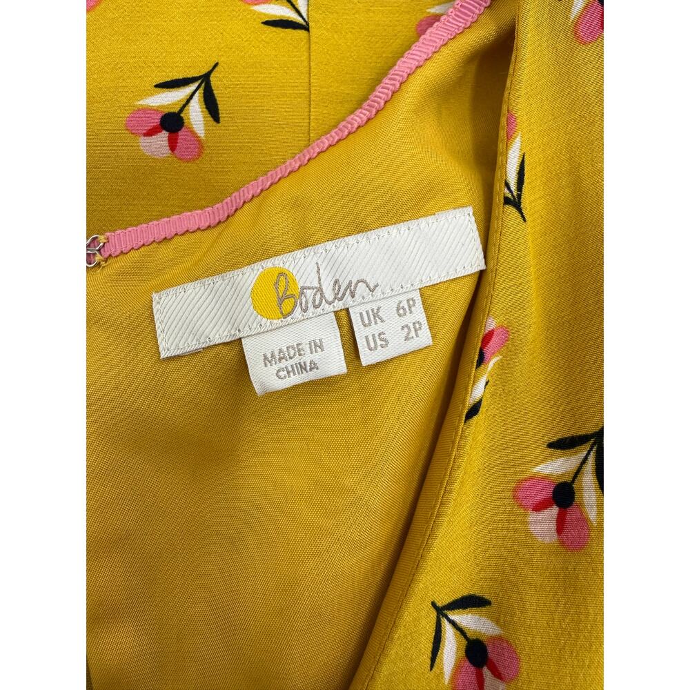 Boden Yellow Floral V-Neck Dress Petite 2P Fit & Flare Lined - Picture 4 of 8